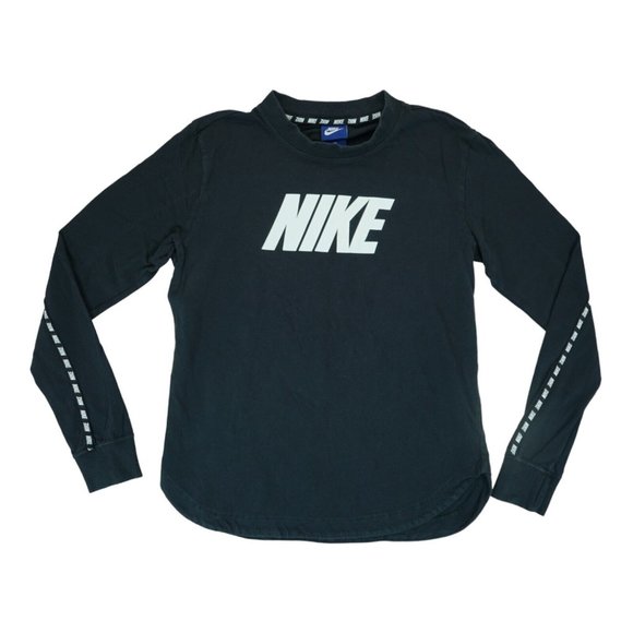 RARE‎ Nike Tee Womens Size XS Black Long Sleeve T-Shirt Big Logo Back Logo - Picture 1 of 3